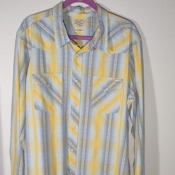 Lucky Brand Men's XXL Western Shirt Pearl Snap Long Sleeve Yellow & Blue Plaid - Picture 3 of 8